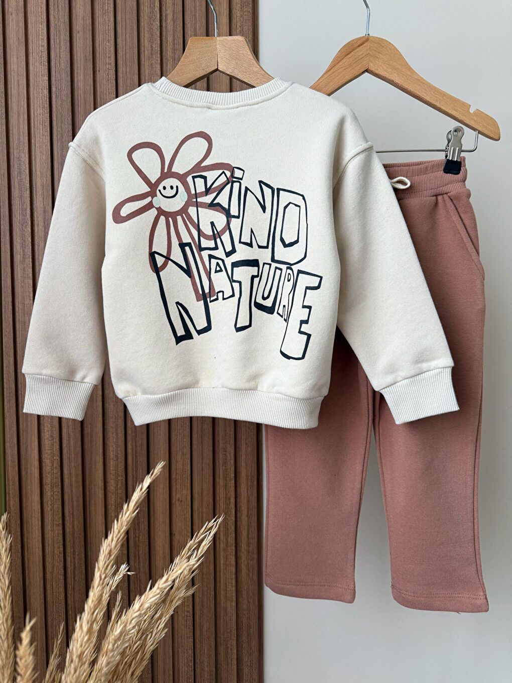 Karışık Kız Çocuk Pamuklu Ekru Baskılı Sweatshirt Ve Gül Kurusu Eşofman Takım - Rahat Kalıp-6