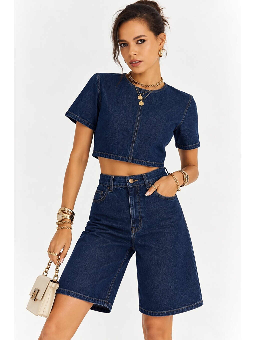 Kadın Lacivert Denim Crop Üst Ve Yüksek Bel Bermuda Şort İkili Takım-3