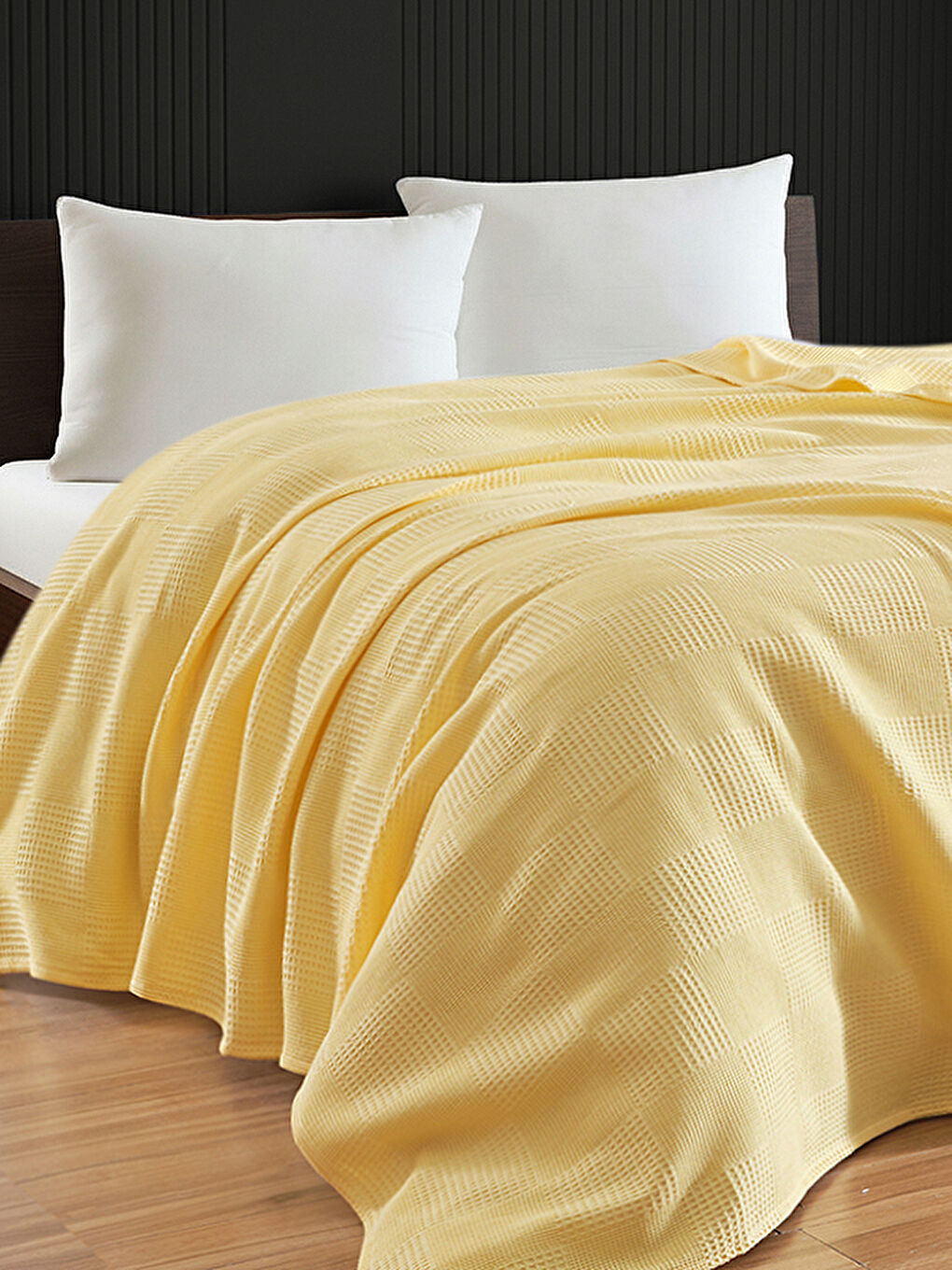 Çift Kişilik Karo Desenli Pike Örtü Pamuklu Sarı 200x230 cm (Weave Serisi)