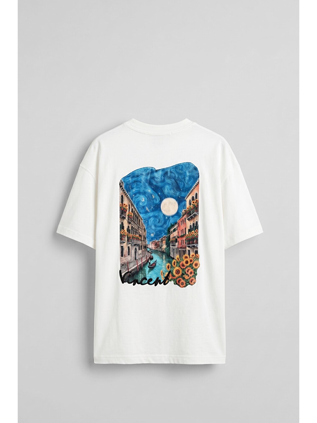 Erkek Oversize Venedik 3d Sırt Baskılı T-shirt Beyaz-1