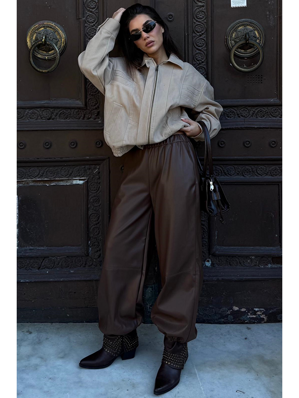 Kahverengi Lastikli Bel Kadın Deri Balon Pantolon Mg2701-1