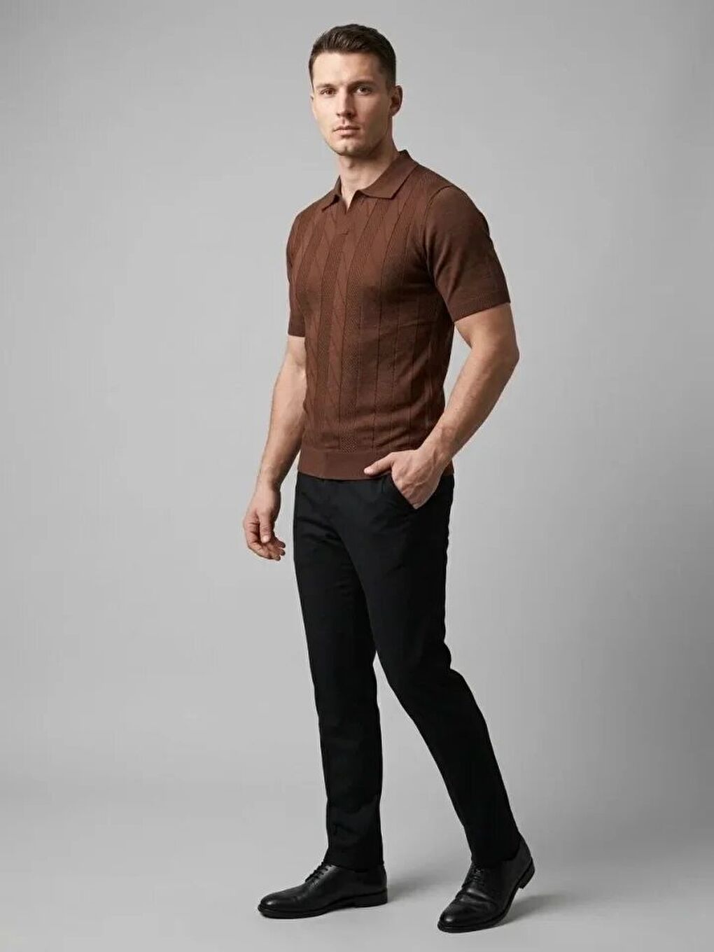 Kahverengi Erkek Yazlık Triko Dokuma Tişört-1