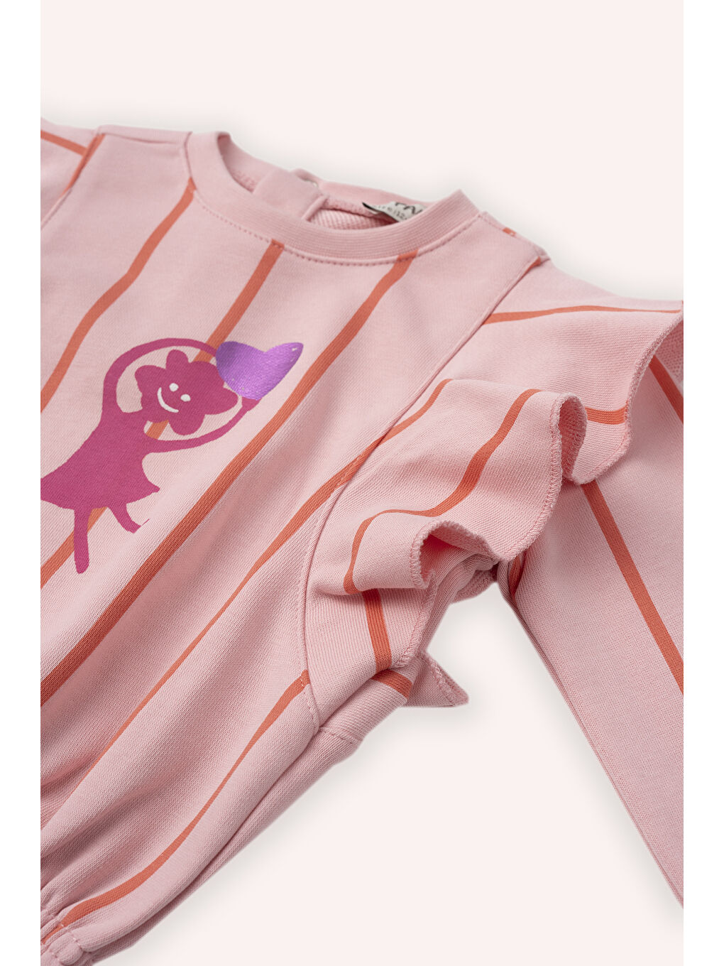 Panço Kız Çocuk Çizgili, Fırfır Detaylı Sweatshirt Pembe - 2