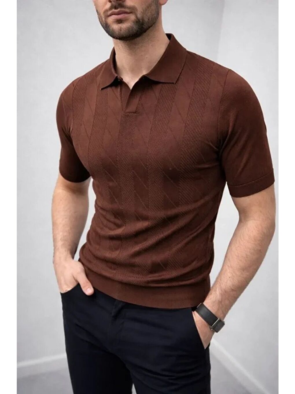 Kahverengi Erkek Yazlık Triko Dokuma Tişört-2