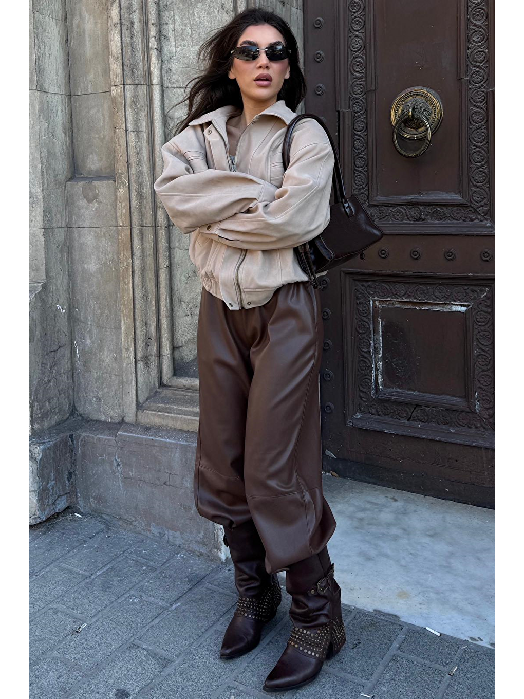 Kahverengi Lastikli Bel Kadın Deri Balon Pantolon Mg2701-3