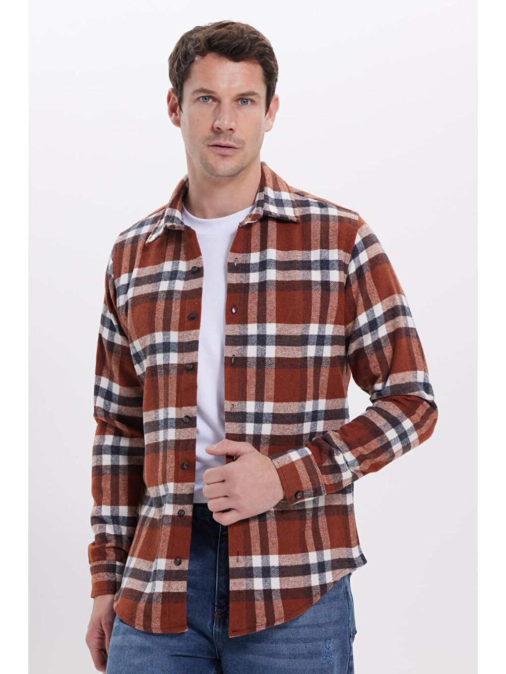 Kahverengi Erkek Slim Fit Dar Kesim Kareli Kışlık Oduncu Gömlek