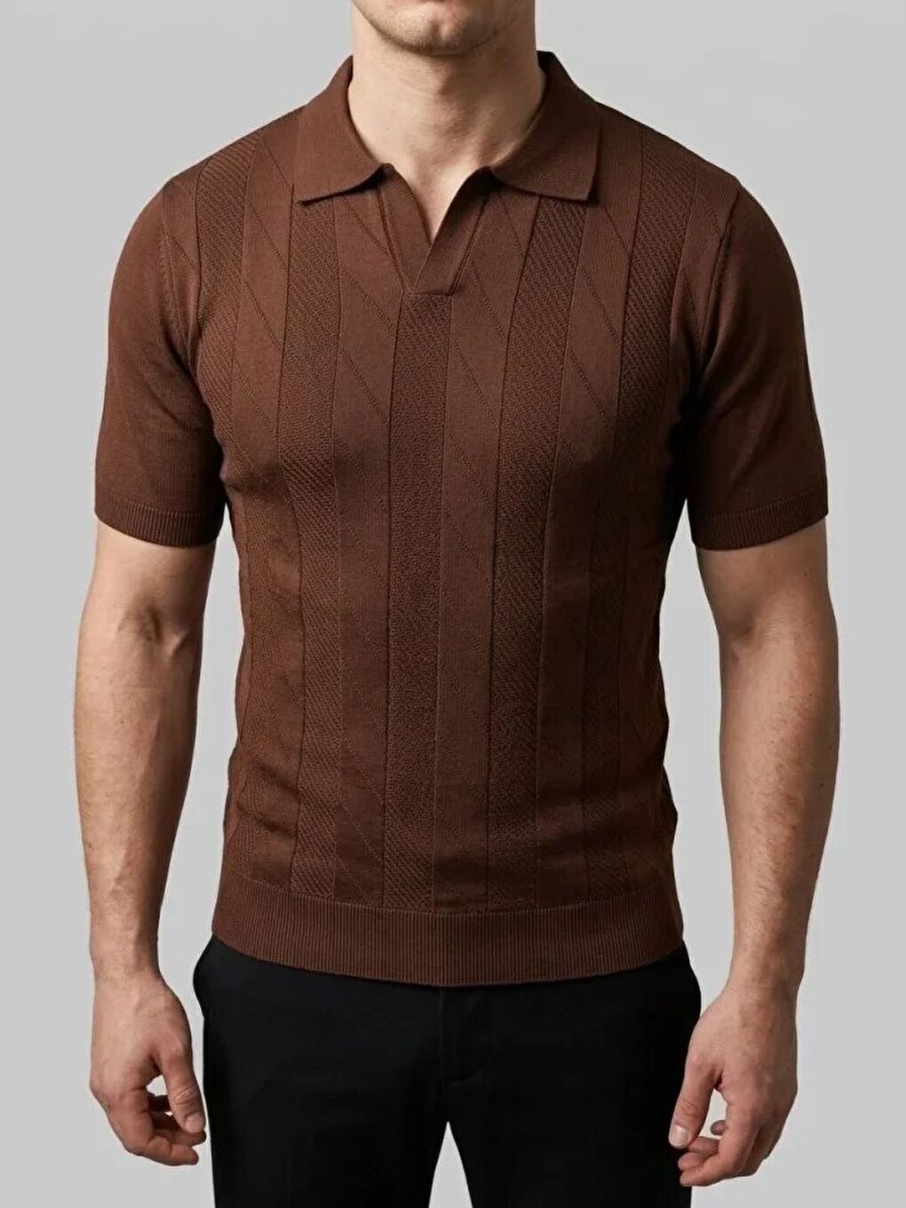 Kahverengi Erkek Yazlık Triko Dokuma Tişört-3