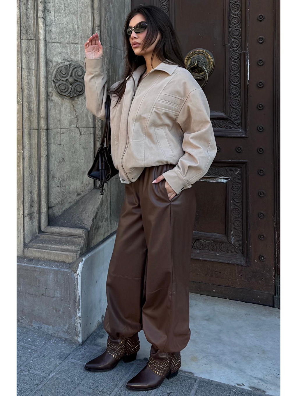 Kahverengi Lastikli Bel Kadın Deri Balon Pantolon Mg2701-4