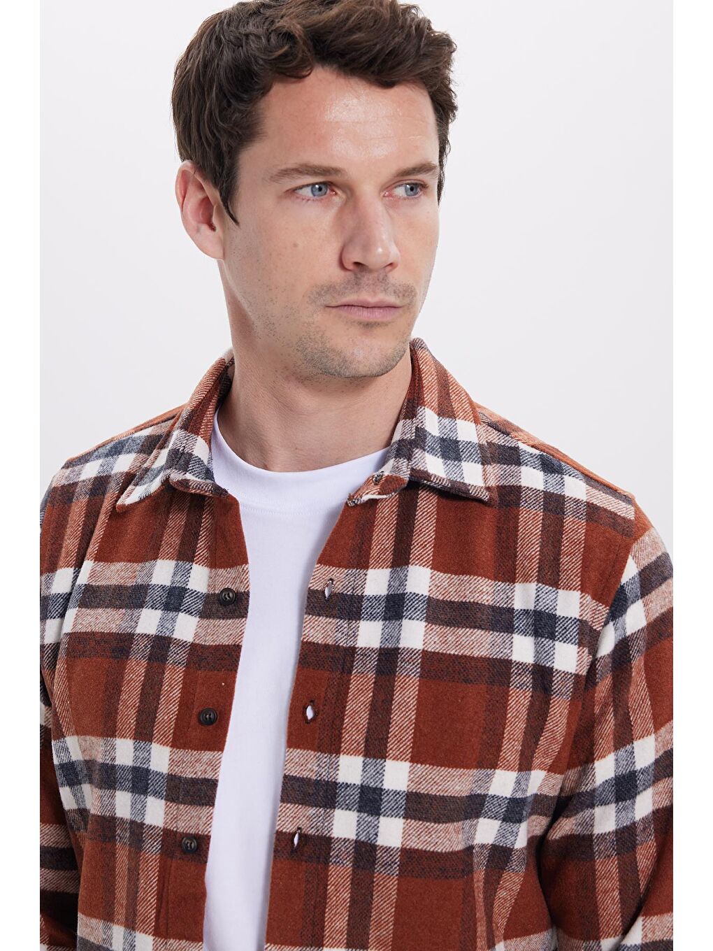 Kahverengi Erkek Slim Fit Dar Kesim Kareli Kışlık Oduncu Gömlek-1