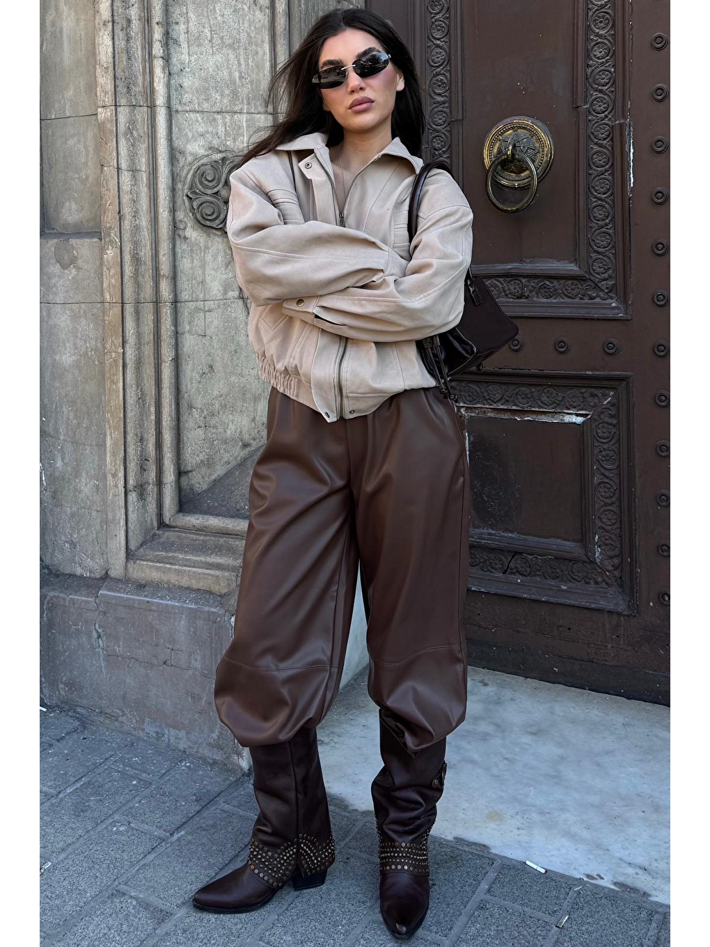 Kahverengi Lastikli Bel Kadın Deri Balon Pantolon Mg2701-5