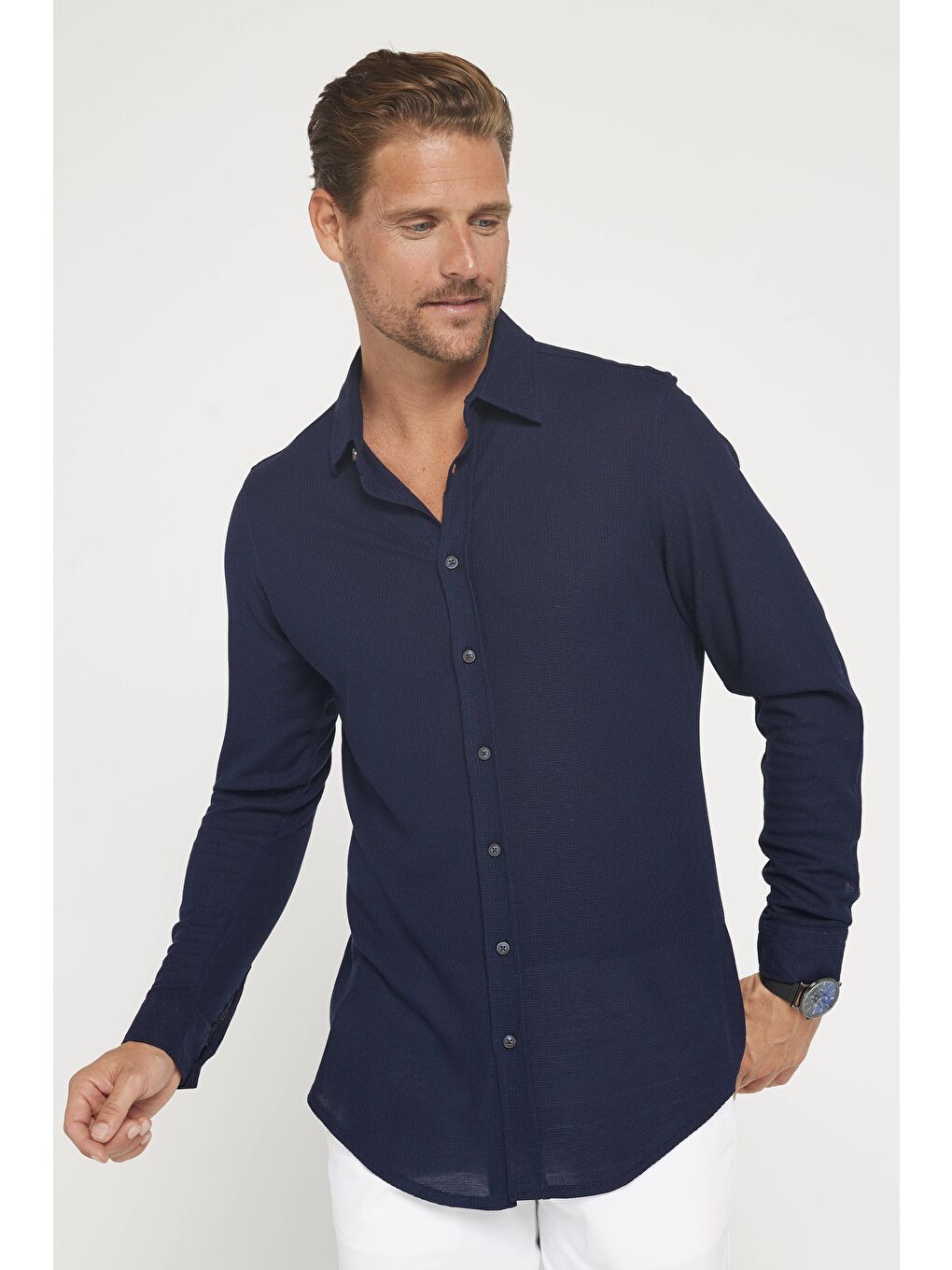 Erkek Slim Fit Dar Kesim Uzun Kollu Örme Kumaş Yazlık Lacivert Spor Yaka Gömlek