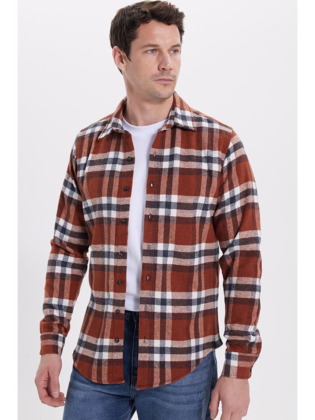 Kahverengi Erkek Slim Fit Dar Kesim Kareli Kışlık Oduncu Gömlek-6