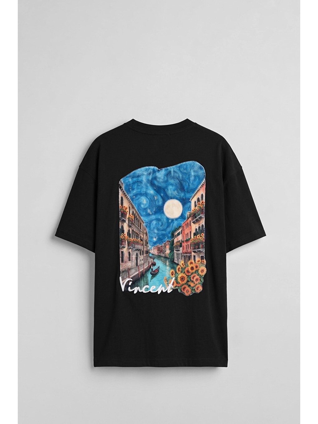 Erkek Oversize Venedik 3d Sırt Baskılı T-shirt Siyah-1