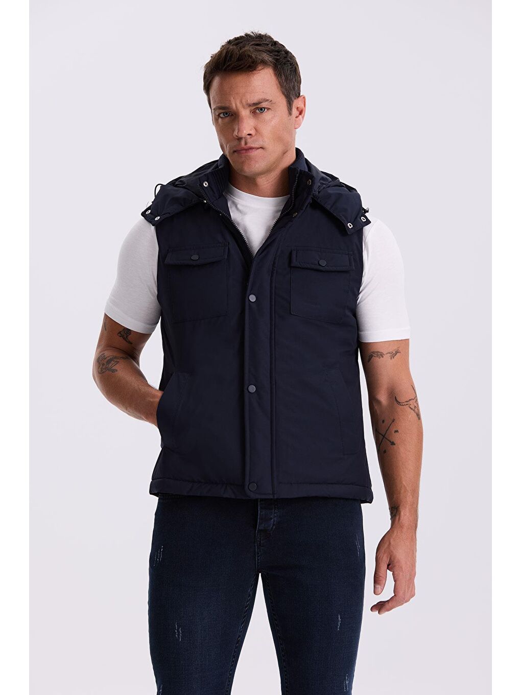 Lacivert Comfort Fit Cepli Kapüşonlu Rahat Kesim Safari Yelek