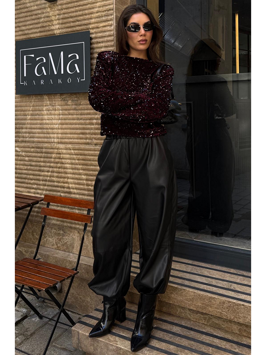 Siyah Lastikli Bel Kadın Deri Balon Pantolon Mg2701-1