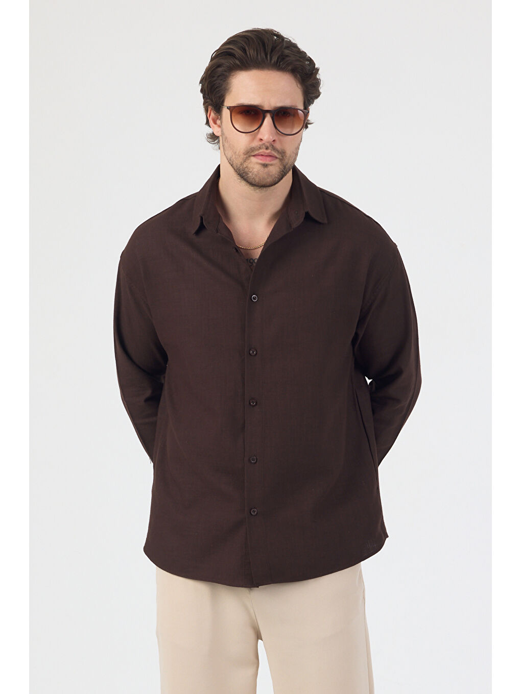 Erkek Pamuklu Keten Görünümlü Gömlek Kahverengi-1