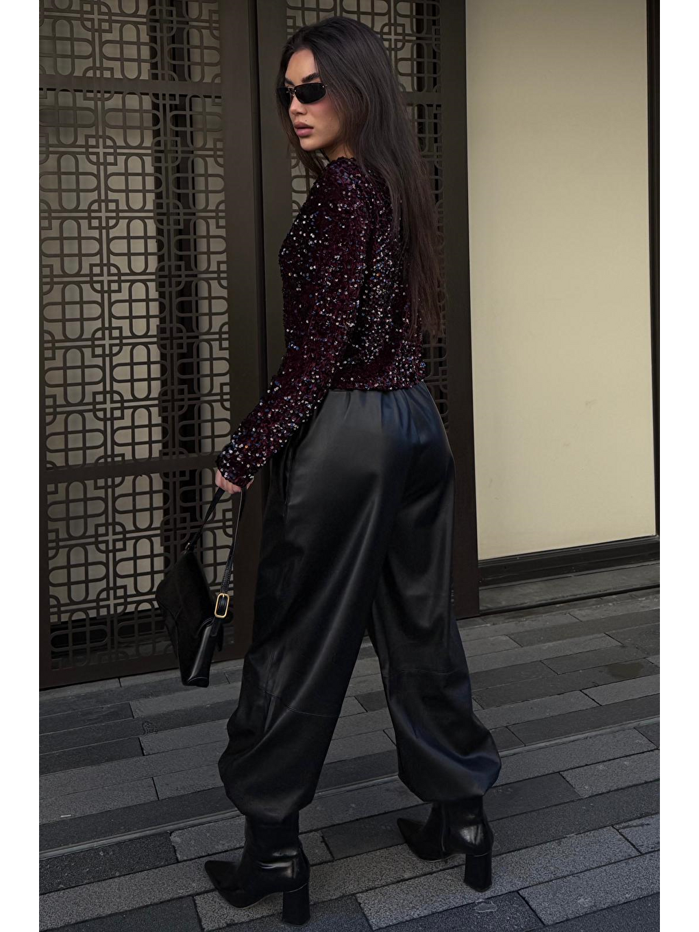 Siyah Lastikli Bel Kadın Deri Balon Pantolon Mg2701-2