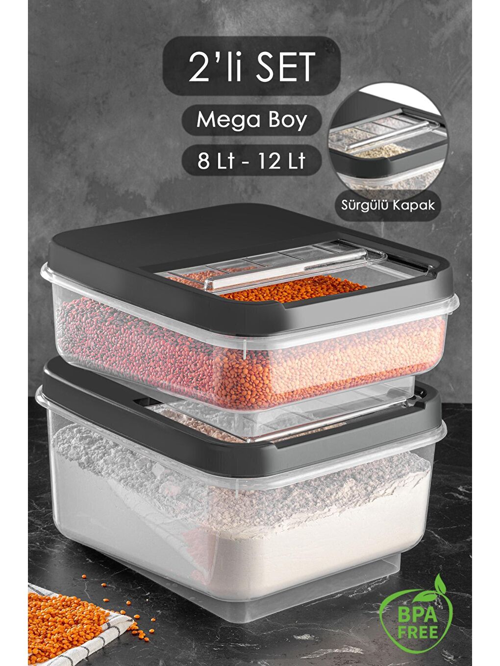Antrasit 2'li Set - Kayar Kapaklı Bakliyat Saklama Kabı 8 lt - 12 lt