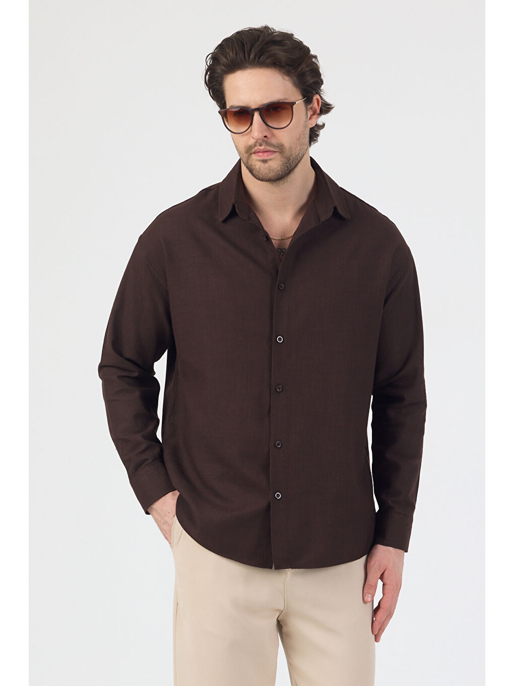 Erkek Pamuklu Keten Görünümlü Gömlek Kahverengi-2