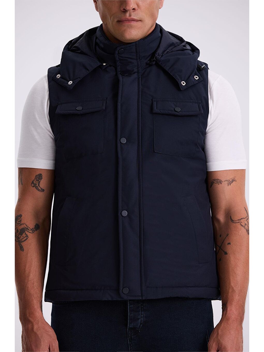 Lacivert Comfort Fit Cepli Kapüşonlu Rahat Kesim Safari Yelek-2