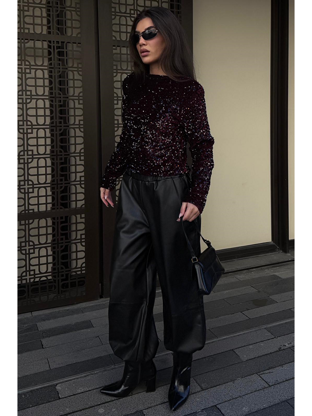 Siyah Lastikli Bel Kadın Deri Balon Pantolon Mg2701-4