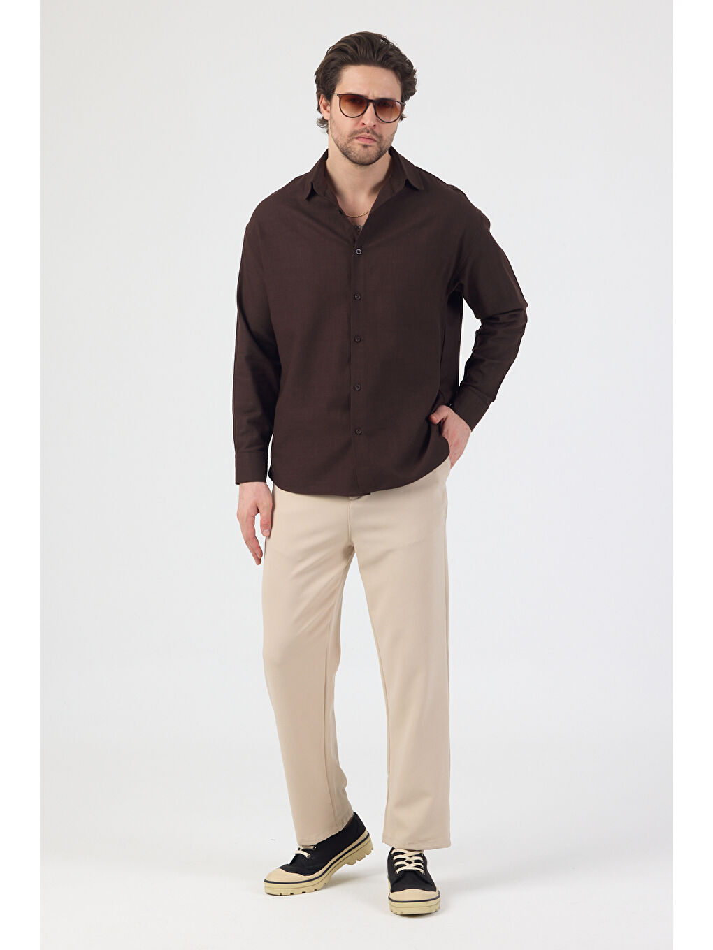 Erkek Pamuklu Keten Görünümlü Gömlek Kahverengi-3