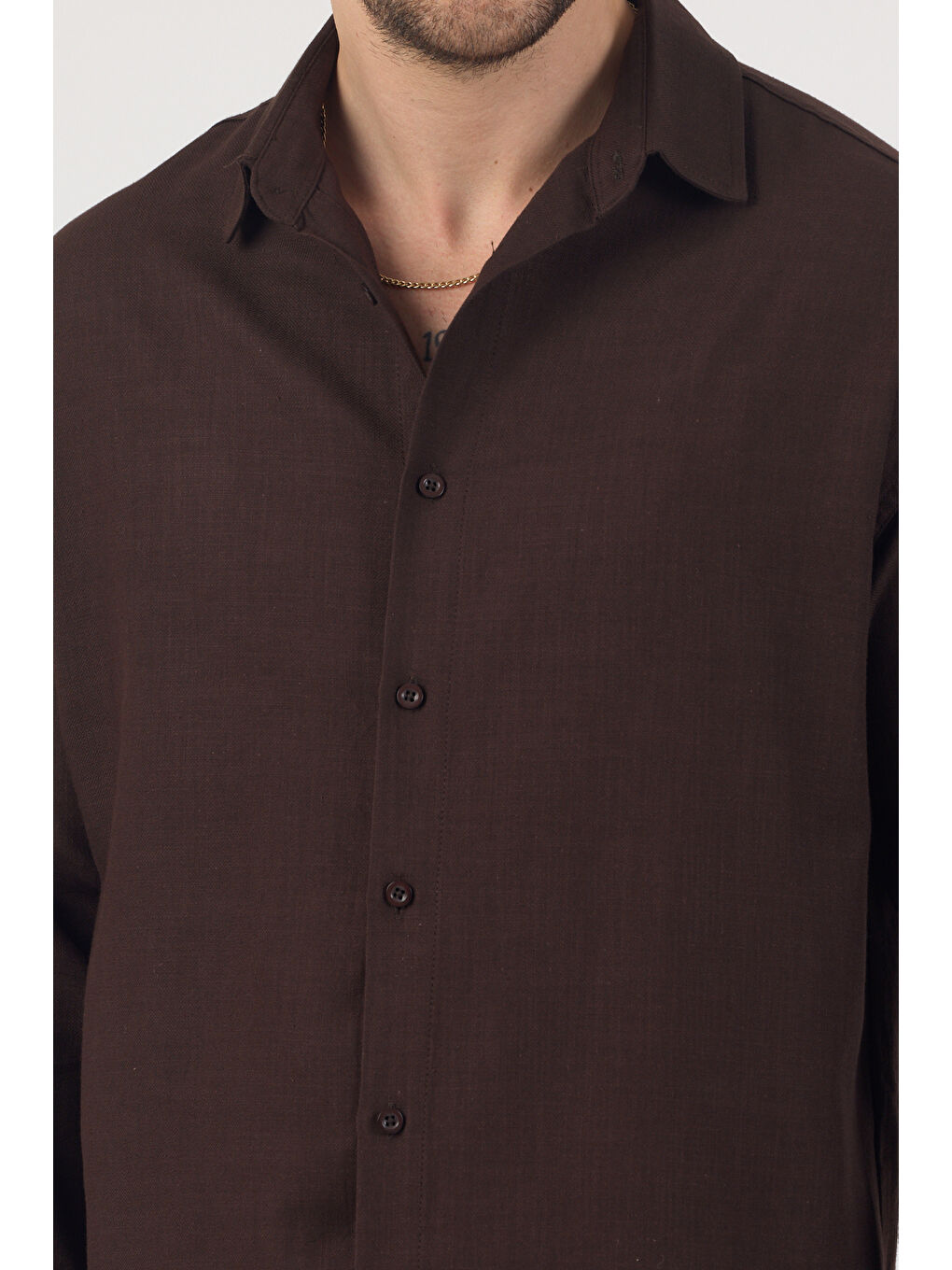 Erkek Pamuklu Keten Görünümlü Gömlek Kahverengi-4