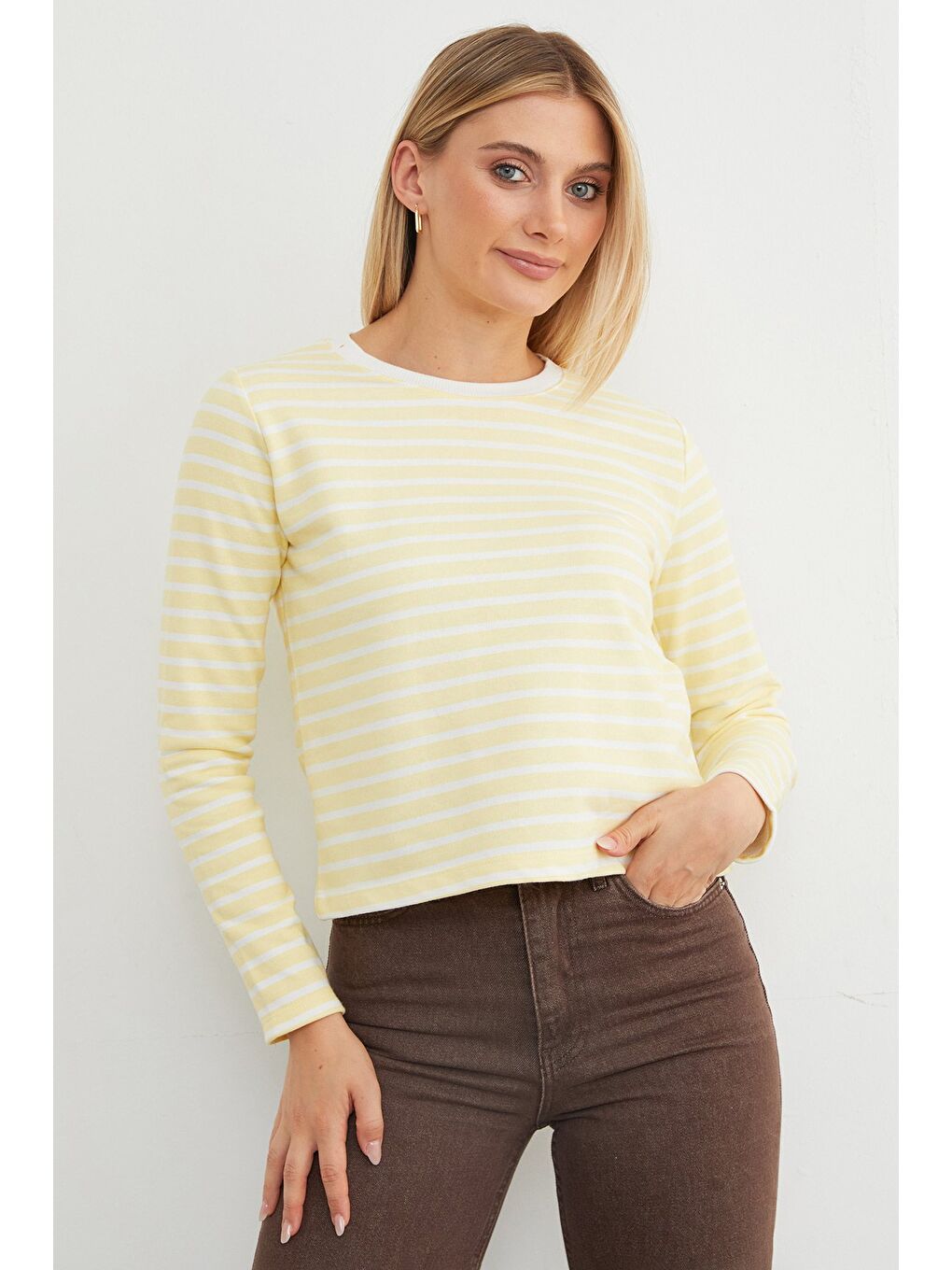 Sarı 3 İplik Şardonsuz Çizgili Bisiklet Yaka Sweatshirt-2