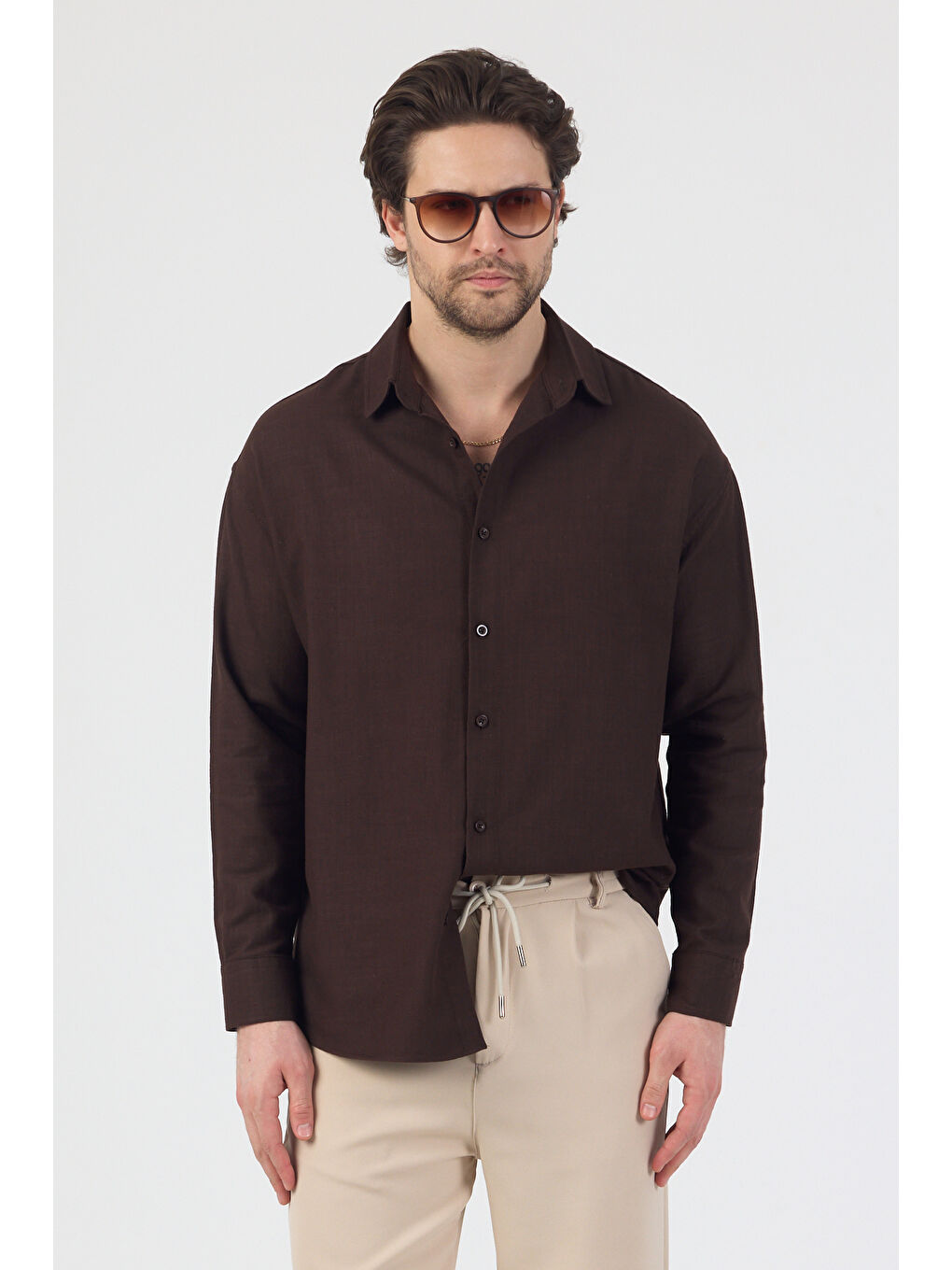Erkek Pamuklu Keten Görünümlü Gömlek Kahverengi-5