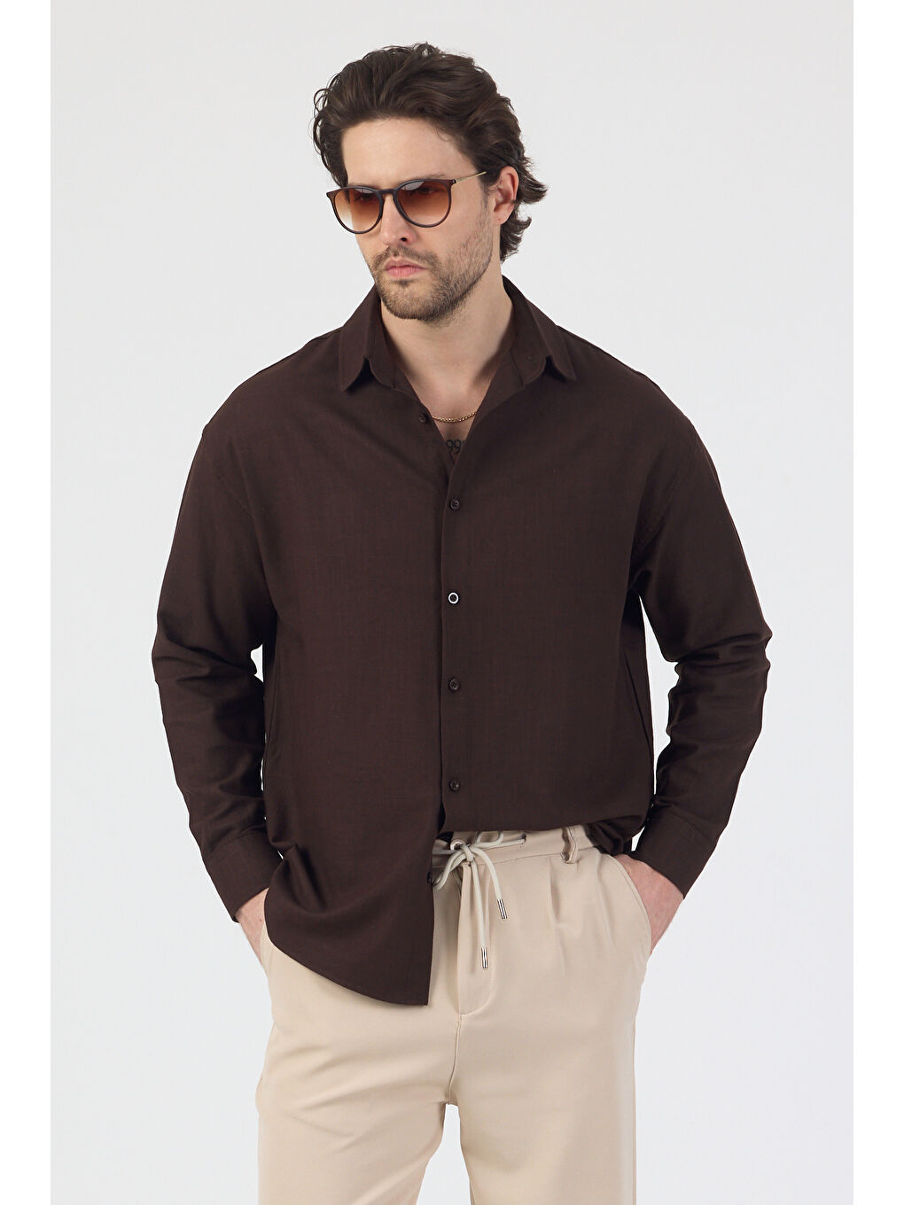 Erkek Pamuklu Keten Görünümlü Gömlek Kahverengi-6