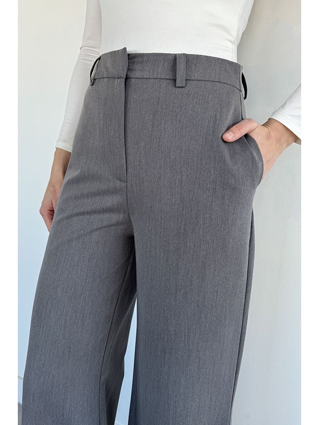 Gri Kadın Bol Paça Pantolon-1