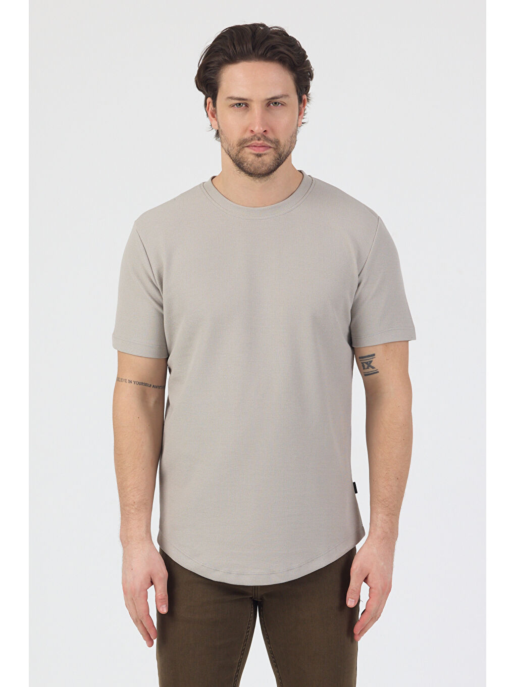 Erkek Pirinç Dokulu Örme Basic Tshirt Gri