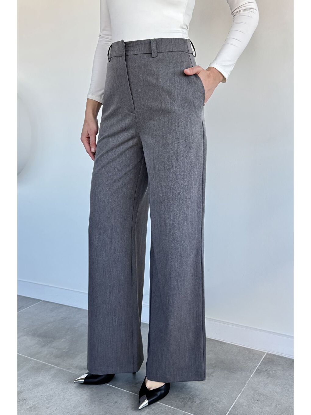 Gri Kadın Bol Paça Pantolon-2