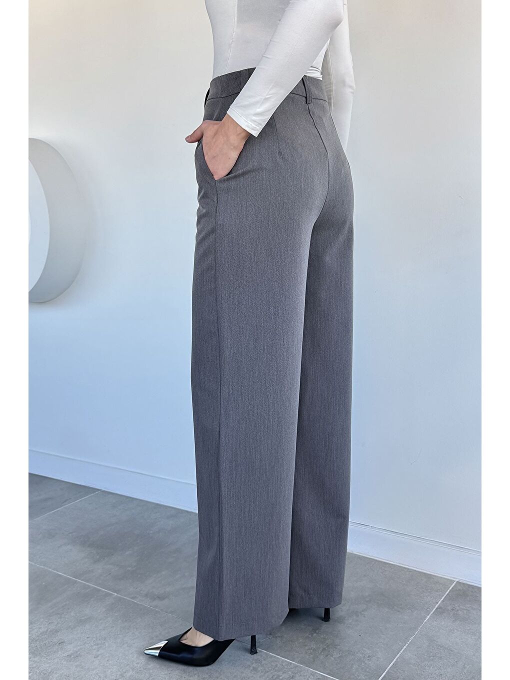 Gri Kadın Bol Paça Pantolon-3