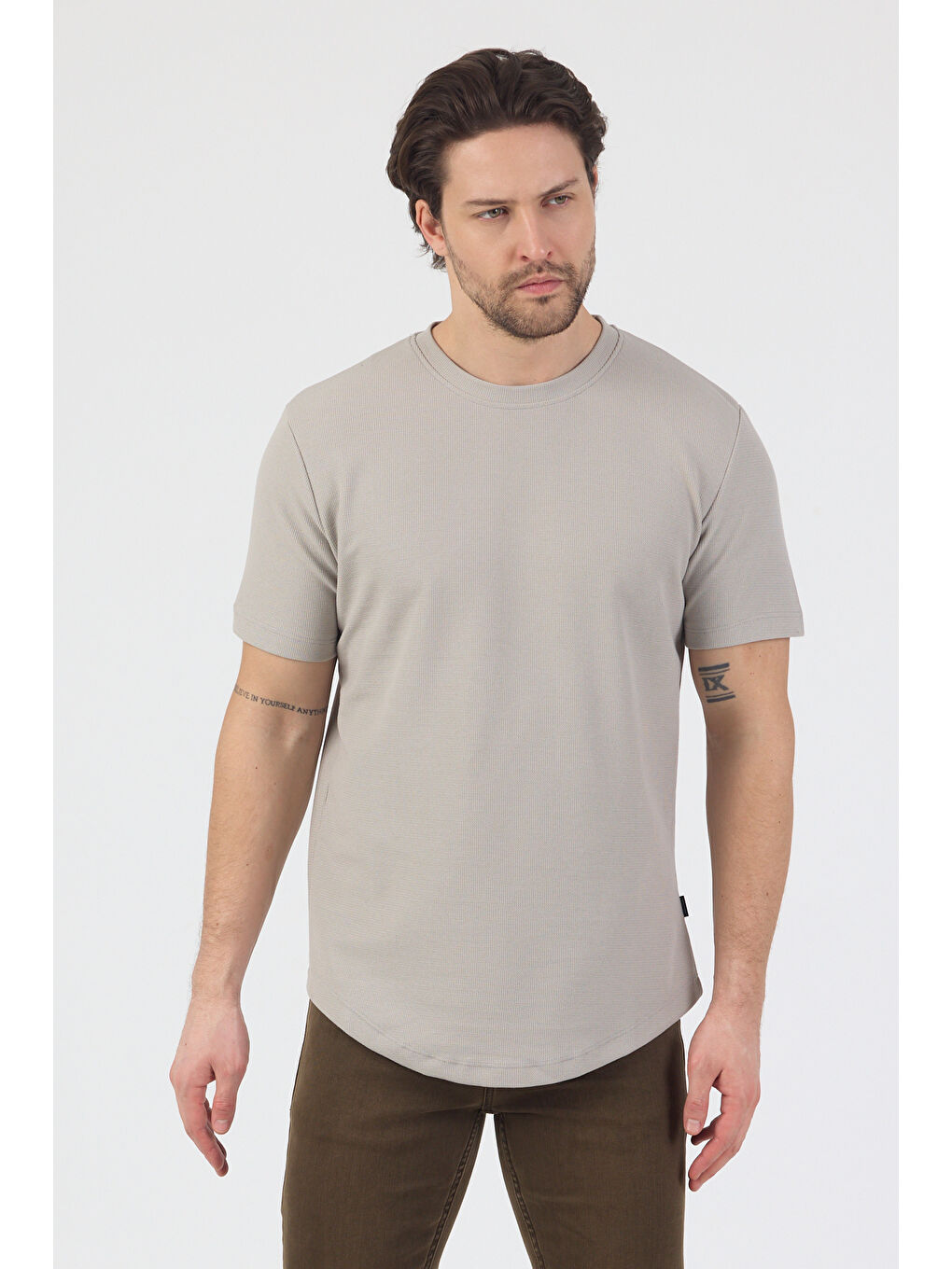 Erkek Pirinç Dokulu Örme Basic Tshirt Gri-1