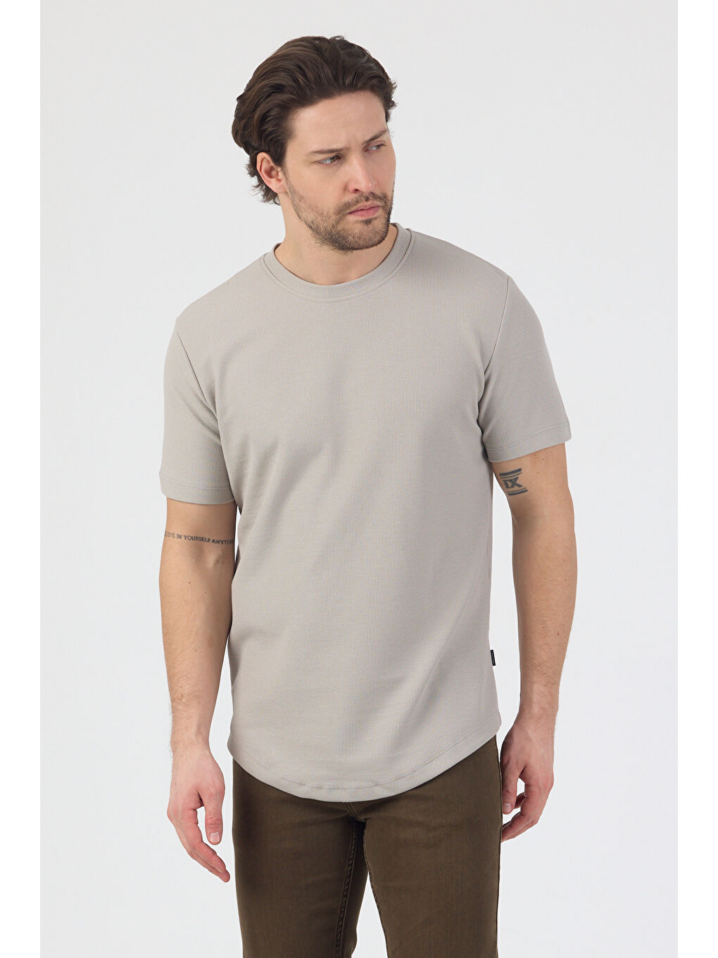 Erkek Pirinç Dokulu Örme Basic Tshirt Gri-2