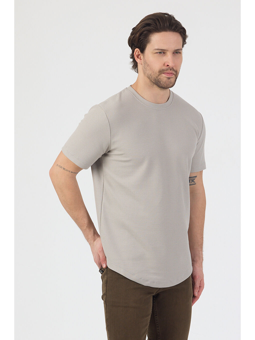 Erkek Pirinç Dokulu Örme Basic Tshirt Gri-3