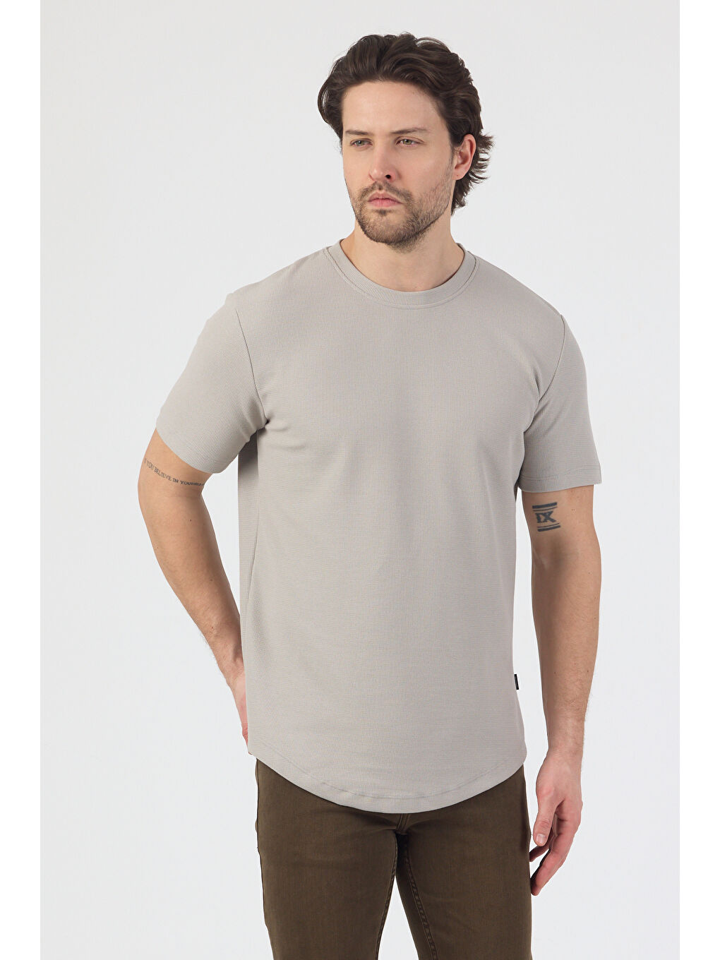 Erkek Pirinç Dokulu Örme Basic Tshirt Gri-4