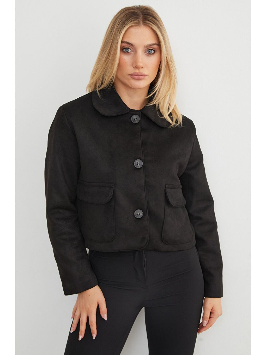 Siyah Çift Cepli Süet Polo Yaka Crop Ceket-3