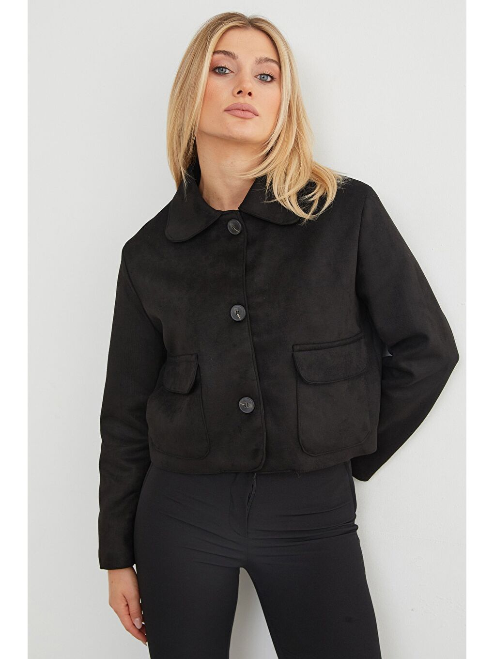 Siyah Çift Cepli Süet Polo Yaka Crop Ceket-4