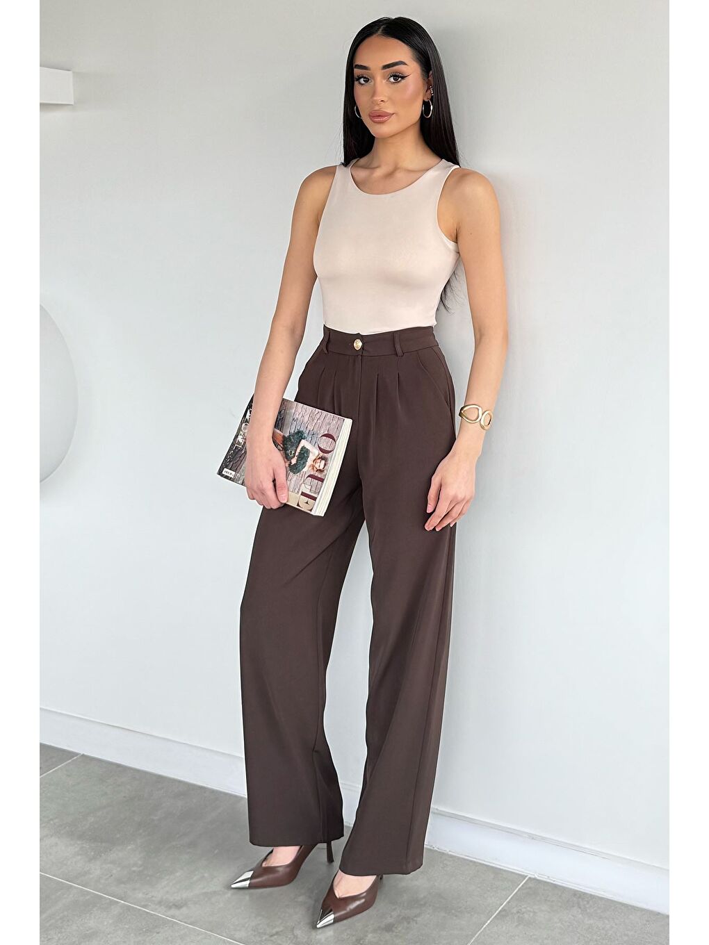Kahverengi Perry Kadın Bel Lastikli Pileli Palazzo Pantolon-1