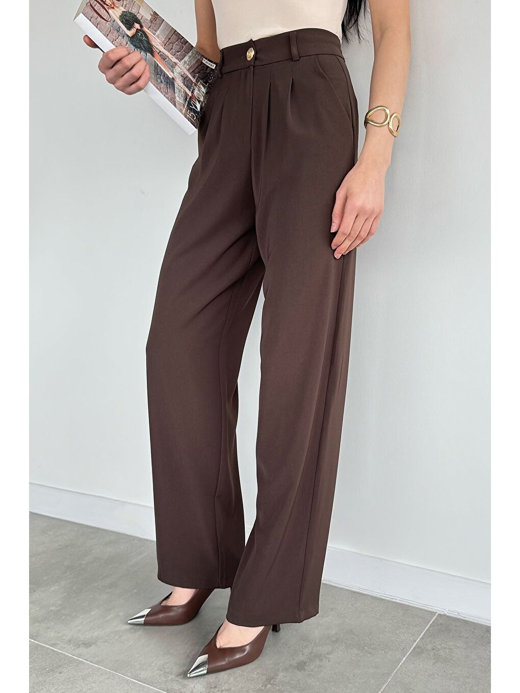 Kahverengi Perry Kadın Bel Lastikli Pileli Palazzo Pantolon-2