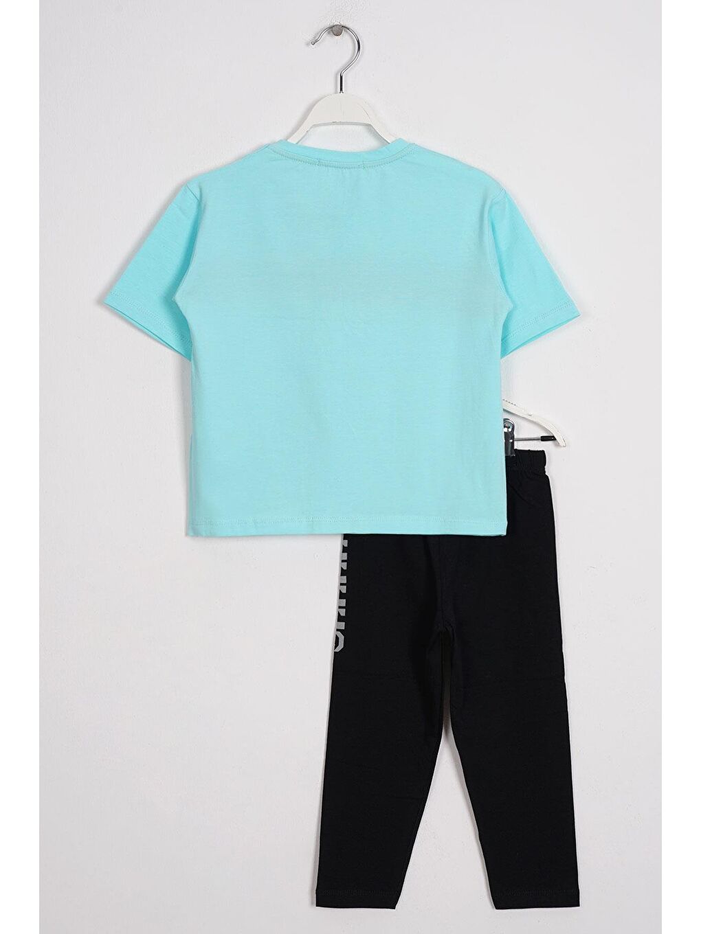 Yeşil Bisiklet Yaka Kısa Kol Yazı Baskılı Mint Renk Kız Çocuk Taytlı Takım-1