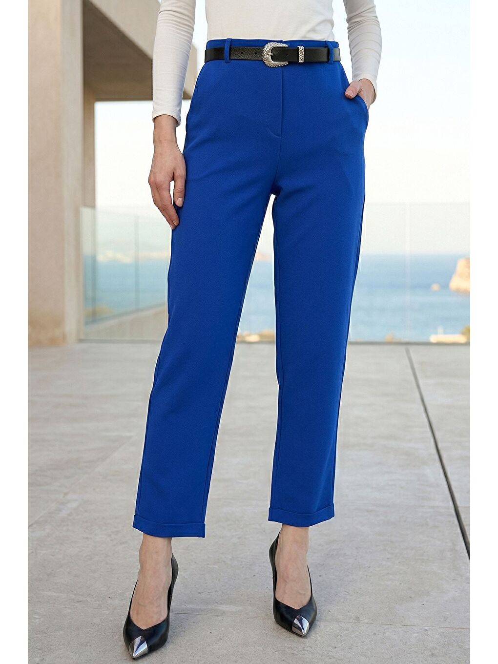 Mavi Kadın Kemerli Duble Paça Pantolon-1