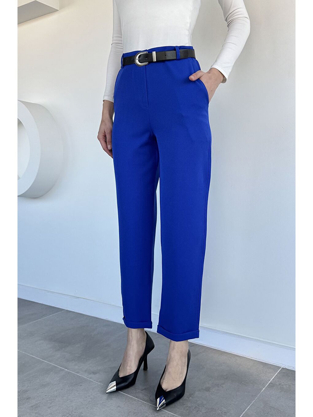 Mavi Kadın Kemerli Duble Paça Pantolon-2