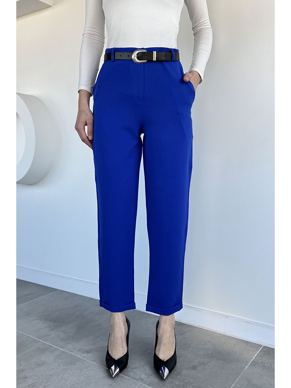 Mavi Kadın Kemerli Duble Paça Pantolon-3