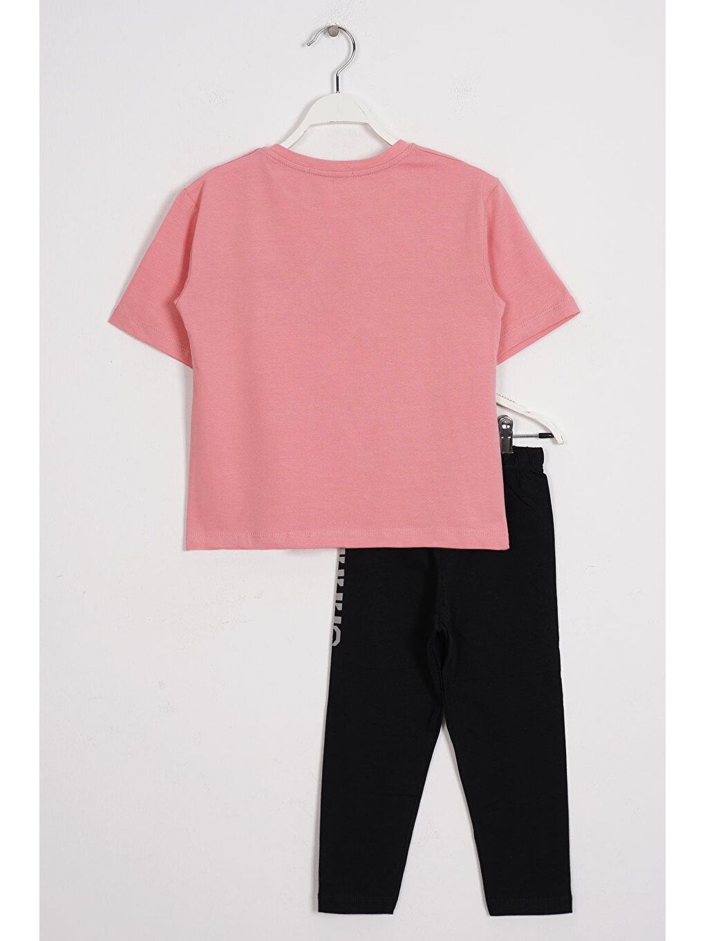 Pembe Bisiklet Yaka Kısa Kol Yazı Baskılı Somon Renk Kız Çocuk Taytlı Takım-1