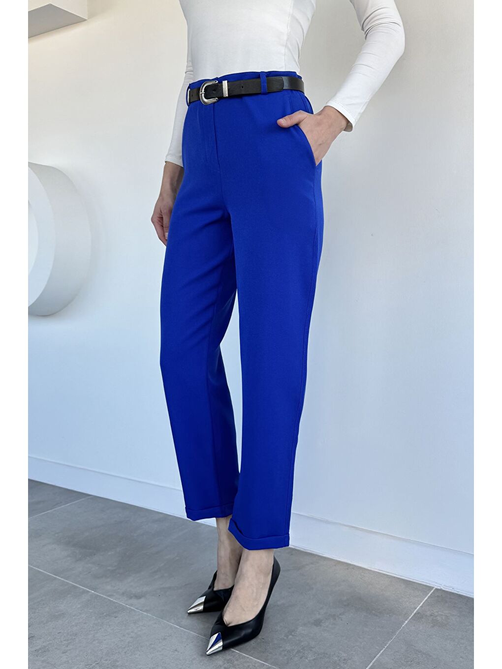 Mavi Kadın Kemerli Duble Paça Pantolon-4