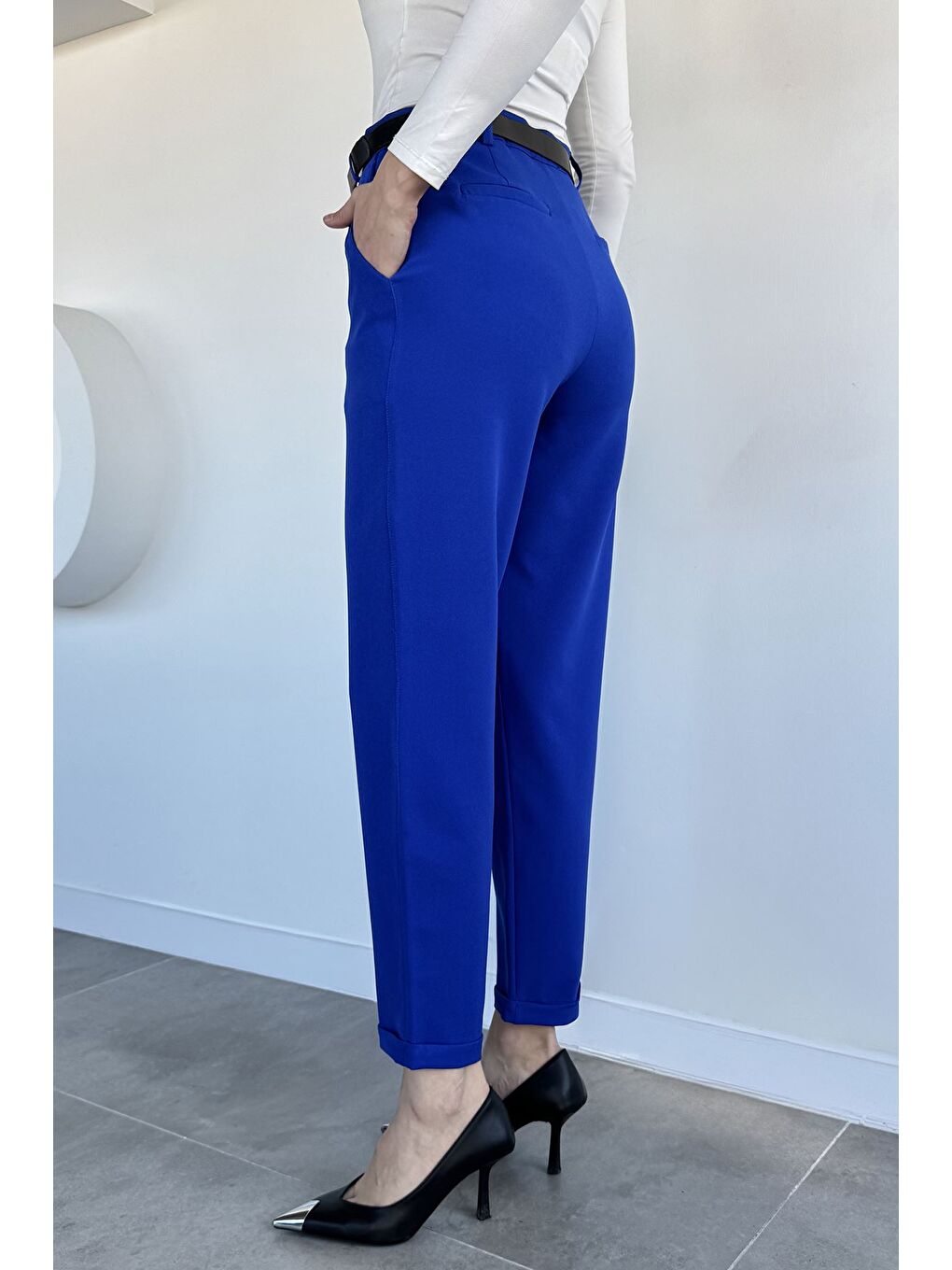 Mavi Kadın Kemerli Duble Paça Pantolon-5