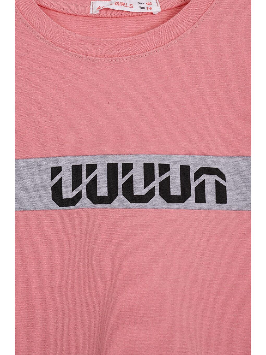 Pembe Bisiklet Yaka Kısa Kol Yazı Baskılı Somon Renk Kız Çocuk Taytlı Takım-2